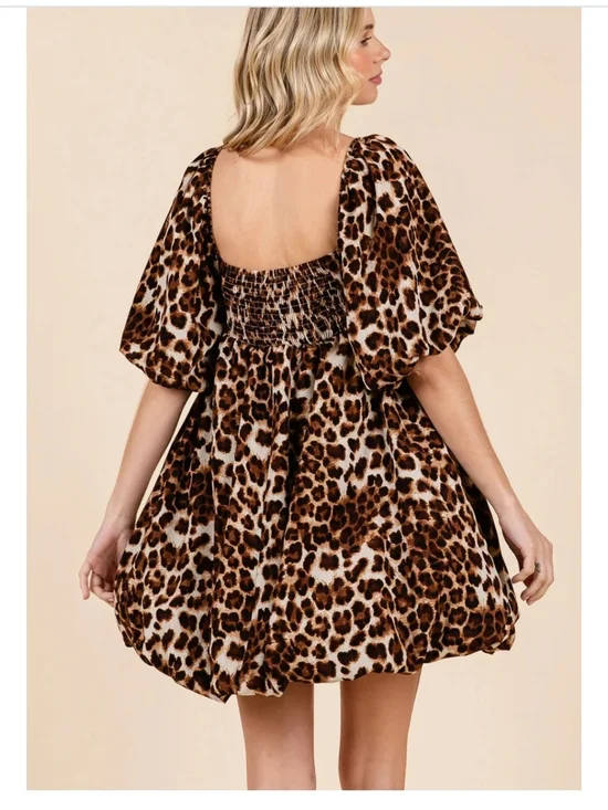 Leopard Print Puff Sleeve Mini Dress - Brown - Picture 3 of 5